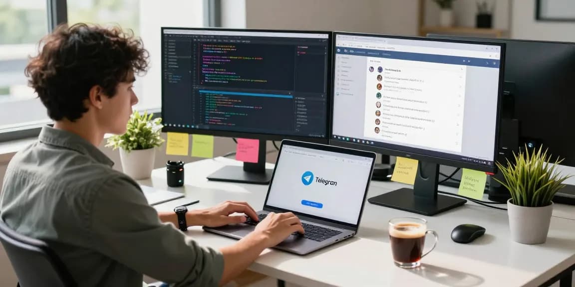 Accessing Telegram web version in a modern workspace with dual monitors and vibrant office decor.