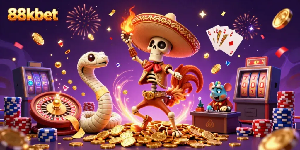 Experience the thrilling atmosphere of 88kbet with dynamic casino characters surrounded by golden rewards and festive elements.