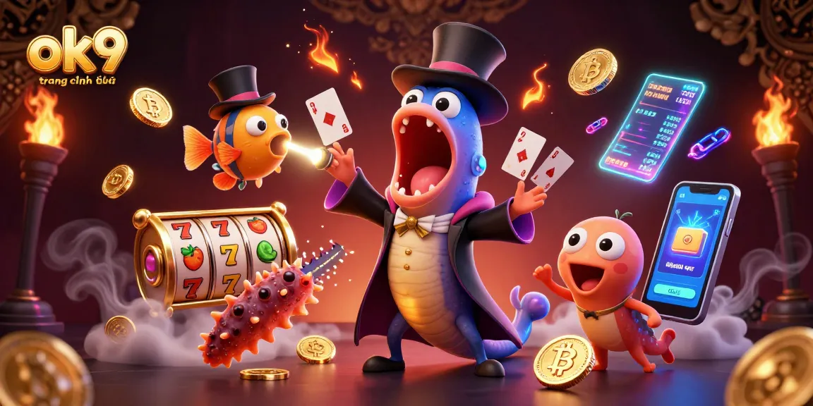 Engage with the world of ok9 trang chính thức through a vibrant and dynamic casino illustration featuring magical sea creatures and slot game elements.