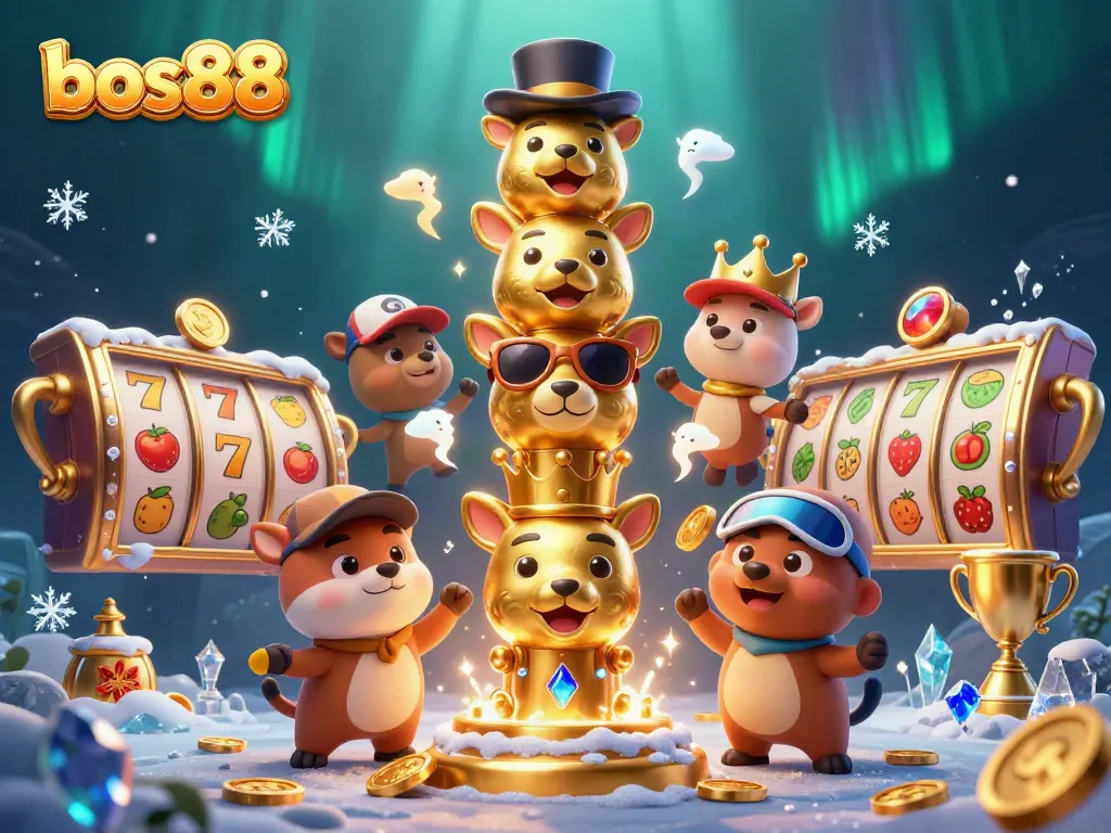 Experience exciting gameplay with bos88's vibrant casino design featuring slot reels and golden trophy elements.