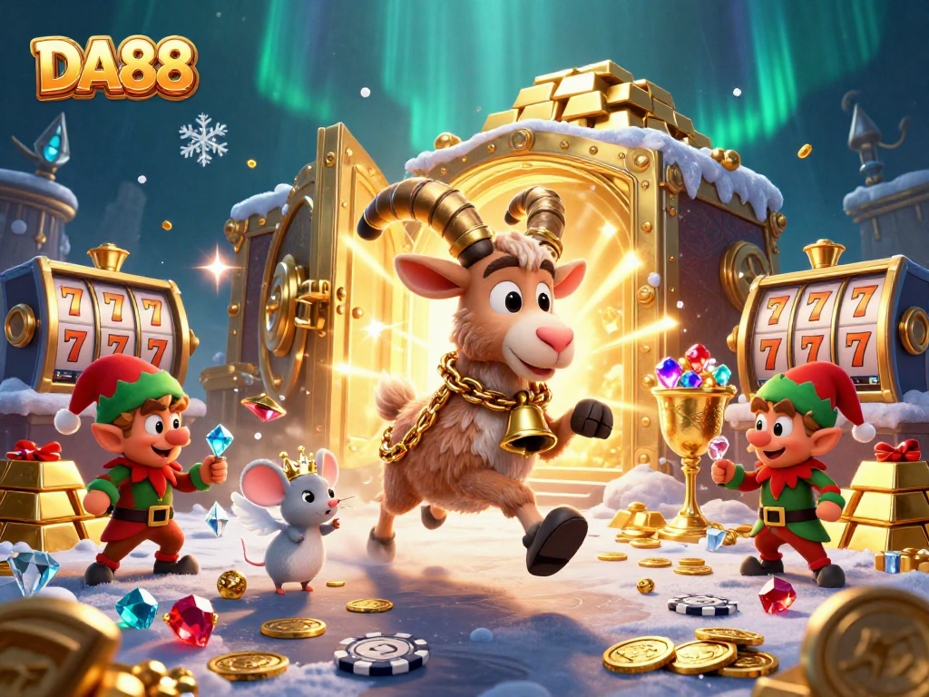 DA88 scene showcases a playful casino with Krampus and festive characters amidst jackpot excitement.