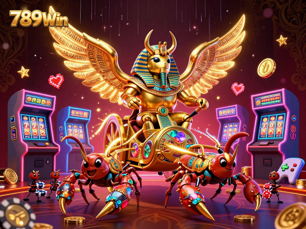 Experience the thrill of 789Win with a detailed casino illustration featuring a golden scarab and vibrant game elements