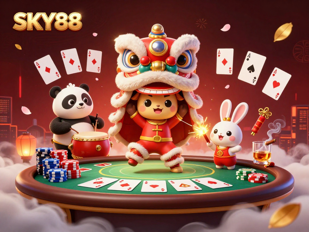 Experience thrilling gameplay at SKY88 with a vibrant lion dance and poker elements.