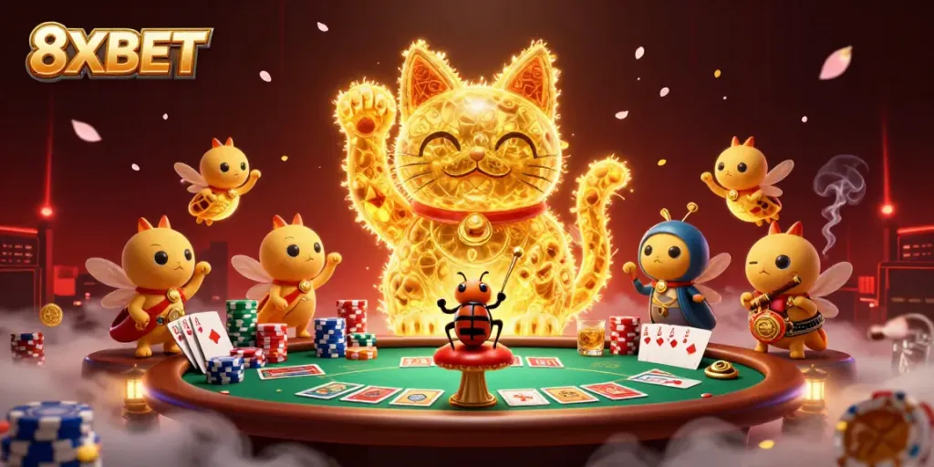 Engage with 8XBET's vibrant casino experience featuring a lucky cat and poker elements.