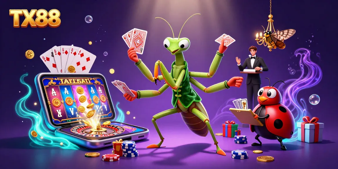 TX88 showcases a vibrant casino scene with a praying mantis card sharp and ladybug pit boss amid dynamic games.