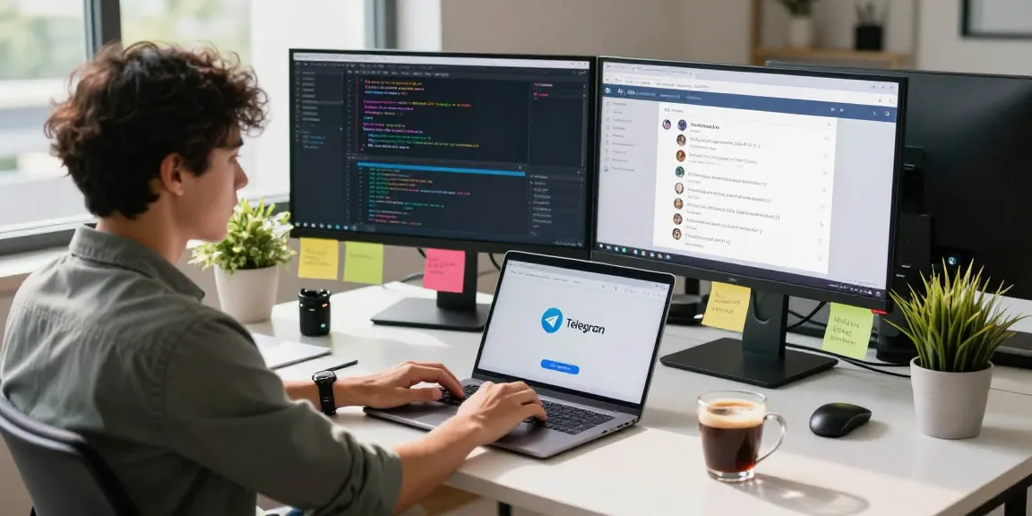 Accessing Telegram web version in a modern workspace with dual monitors and vibrant office decor.