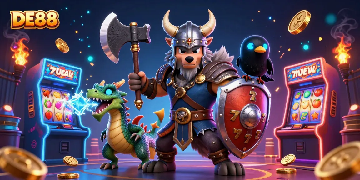 Engage with DE88's vibrant casino scene featuring a Viking wolf, dragon, and arcade elements.
