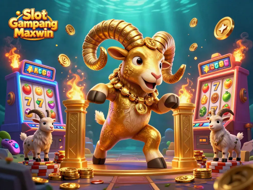 Experience the excitement of Slot Gampang Maxwin with this vibrant 3D casino illustration featuring a dynamic golden ram.