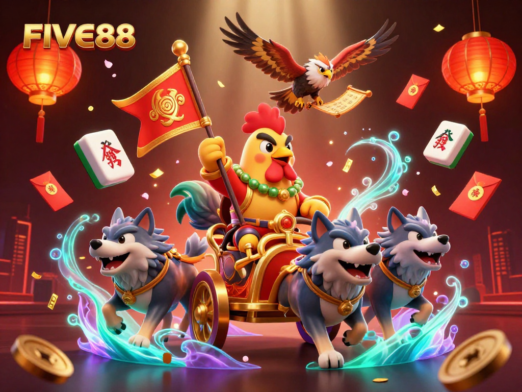 FIVE88 delights users with thrilling gaming experiences featuring a rooster warlord, wolves, and vibrant casino elements.