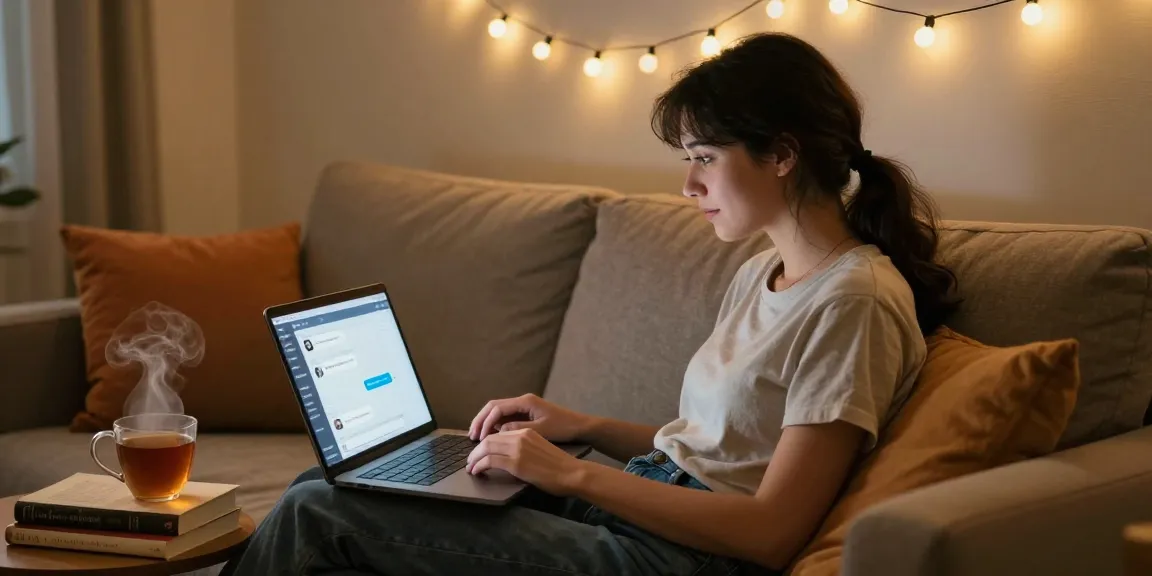 Engaging conversation with a girlfriend AI on a cozy sofa, creating a romantic atmosphere.