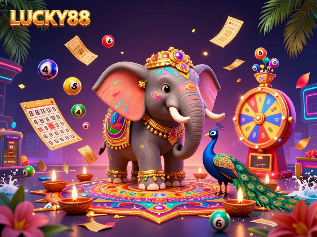 Join the excitement of LUCKY88 with vibrant games, colorful lottery balls, and a Diwali-themed elephant in this lively casino scene.