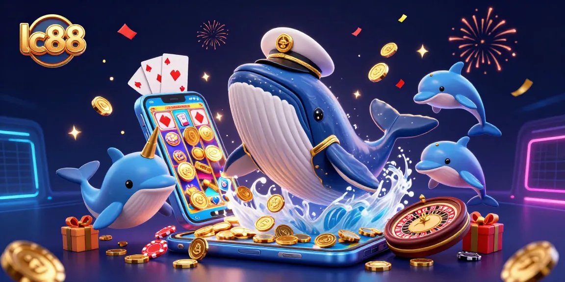 Experience excitement at lc88 with a whimsical 3D casino scene featuring a captivating whale, playful dolphins, and thrilling gaming elements.