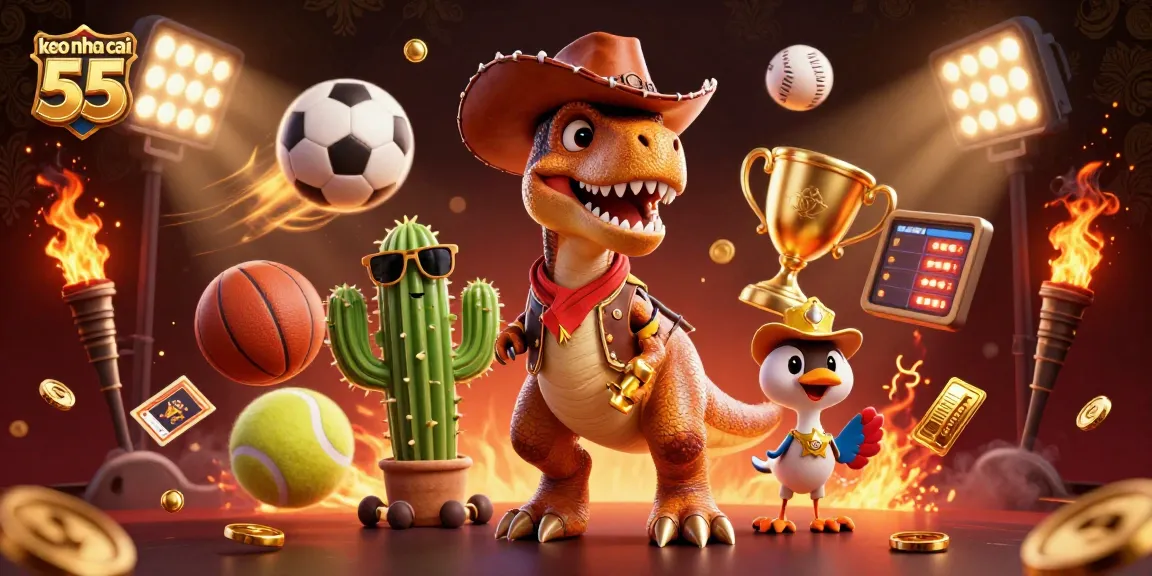 Engage with keo nha cai 55 featuring a dynamic gambling scene with animated characters and sports elements.