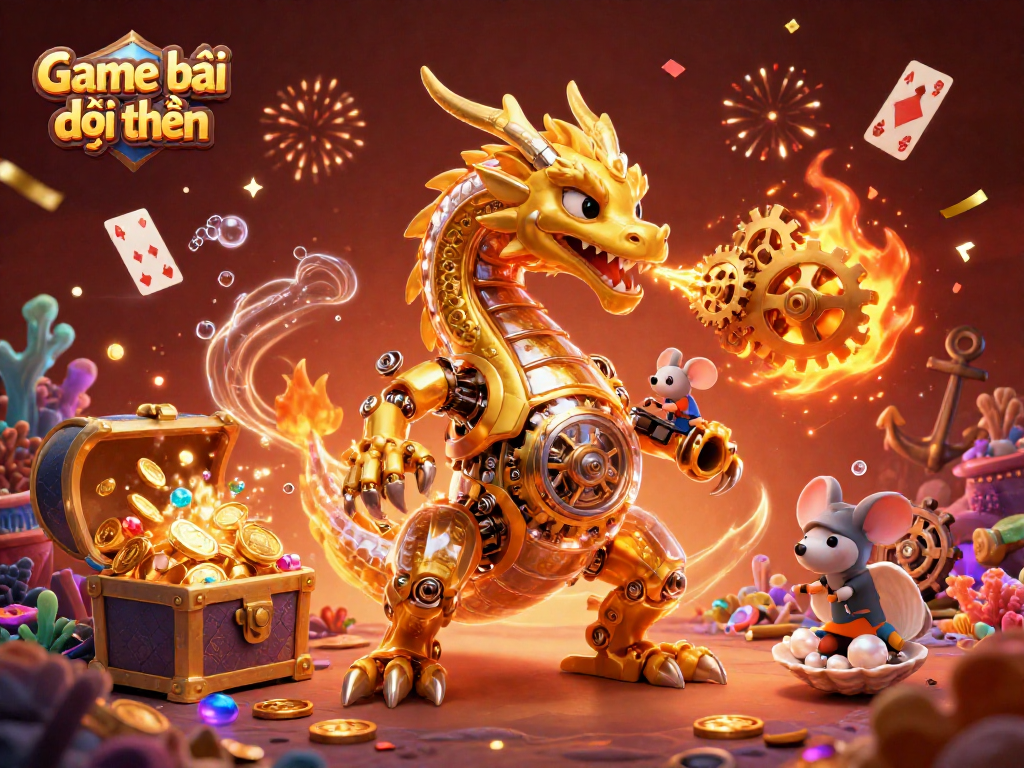 Experience the thrill of Game bài đổi thưởng with vibrant treasures and dynamic characters in a 3D illustration.
