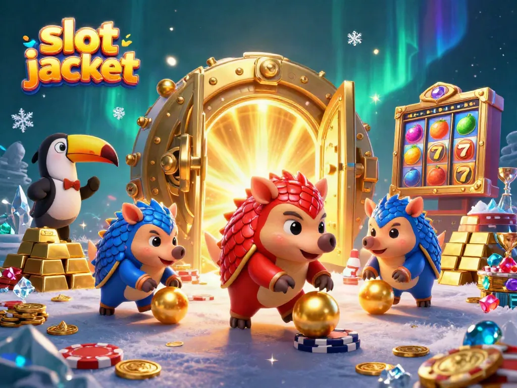 Enjoy thrilling slot jackpot spins with animated pangolins in a rich casino scene.