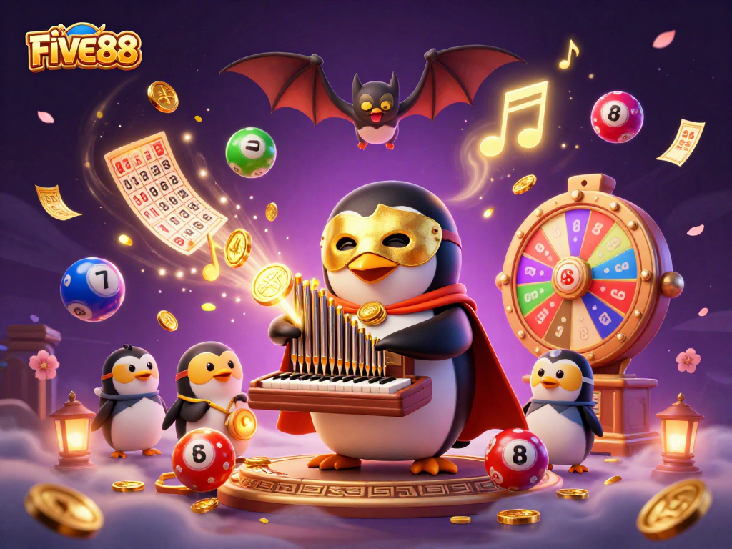 Engage with FIVE88 through an exciting 3D casino scene filled with vibrant lottery elements.