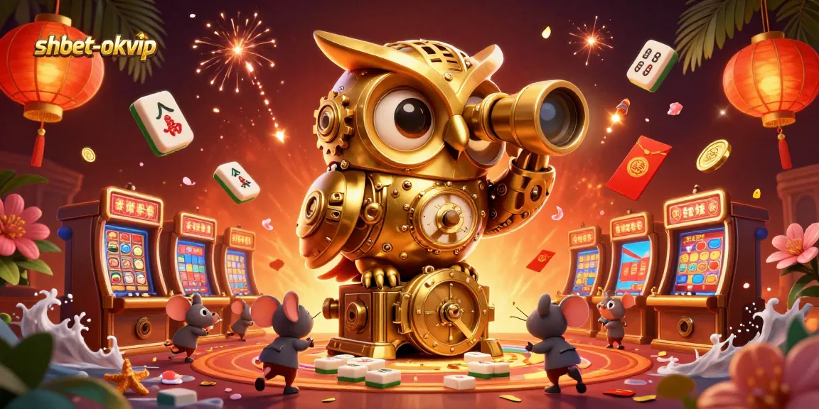 Experience immense excitement at shbet-okvip, featuring a whimsical golden owl amidst vibrant 3D casino elements.