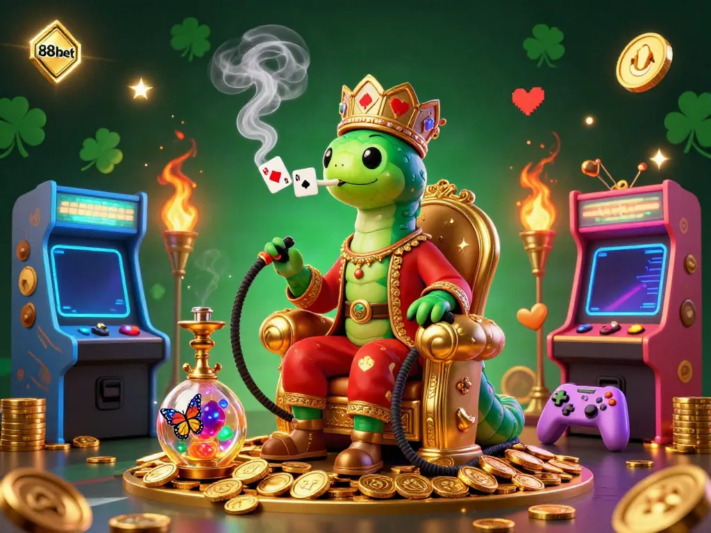 Play exciting games at 88ibet with the hookah-master and golden treasures in a vibrant casino setting.