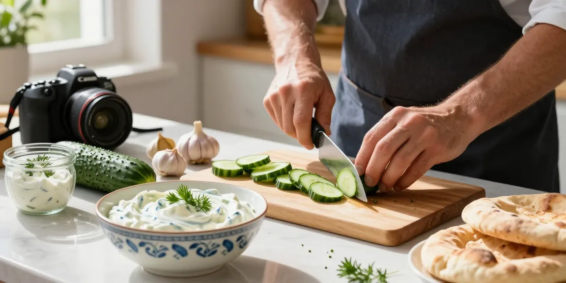 Recept tzaziki tillagat i ljus kök med färska ingredienser.