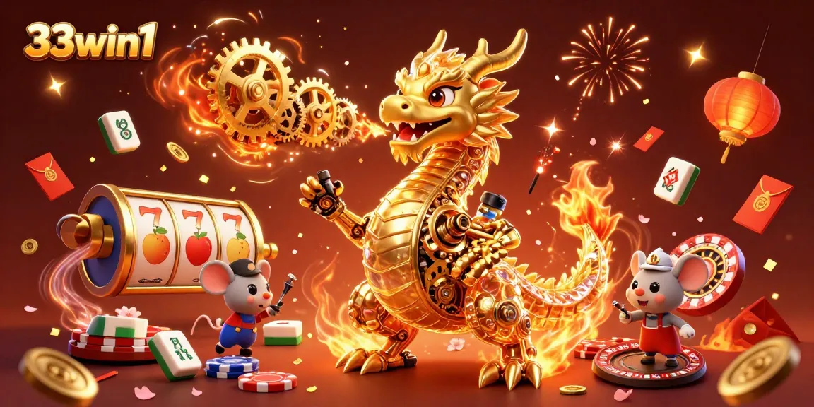 Attract luck and winnings with 33win1's vibrant casino game scene featuring a golden dragon and slot reels.
