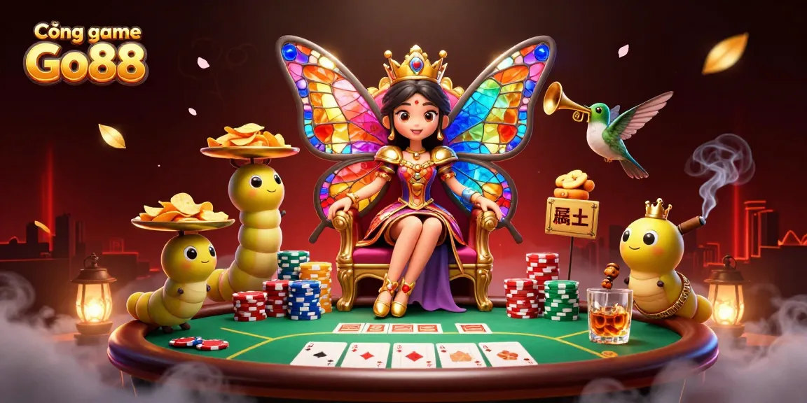 Cổng game Go88 offers thrilling casino excitement with a butterfly queen, poker elements, and vibrant visuals.