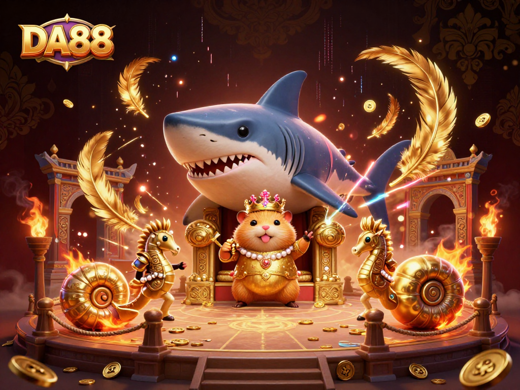 Engage with DA88 at a vibrant online casino, featuring the golden hamster king amid dynamic gaming elements.