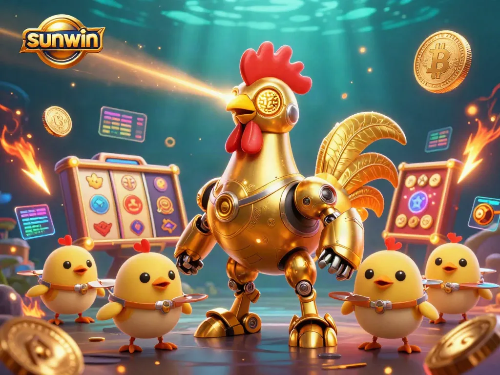 Spin and win with sunwin's vibrant 3D casino scene featuring golden rooster robot and slot reels.