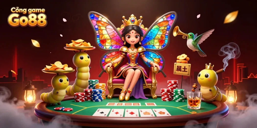 Cổng game Go88 offers thrilling casino excitement with a butterfly queen, poker elements, and vibrant visuals.